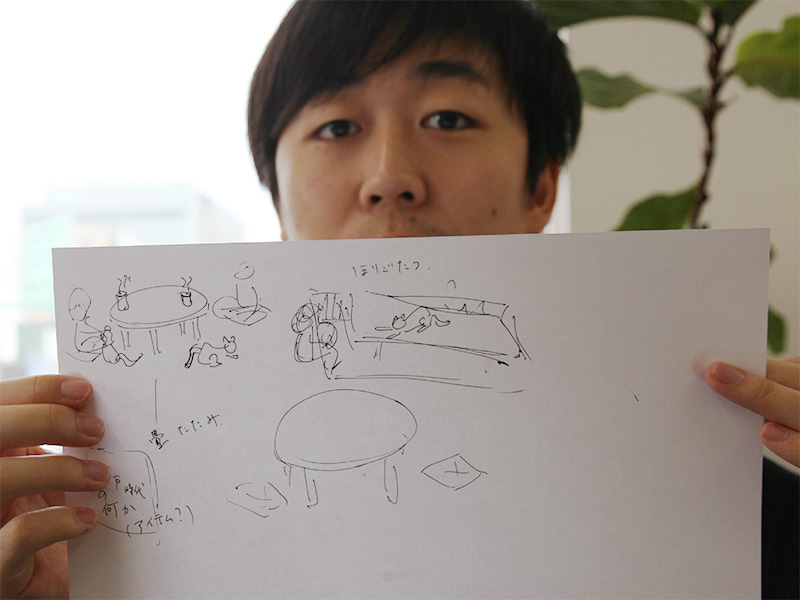 ▲一緒に行くメンバー趙君が描いた、「江戸ねこ茶屋」から想像した会場の絵。
